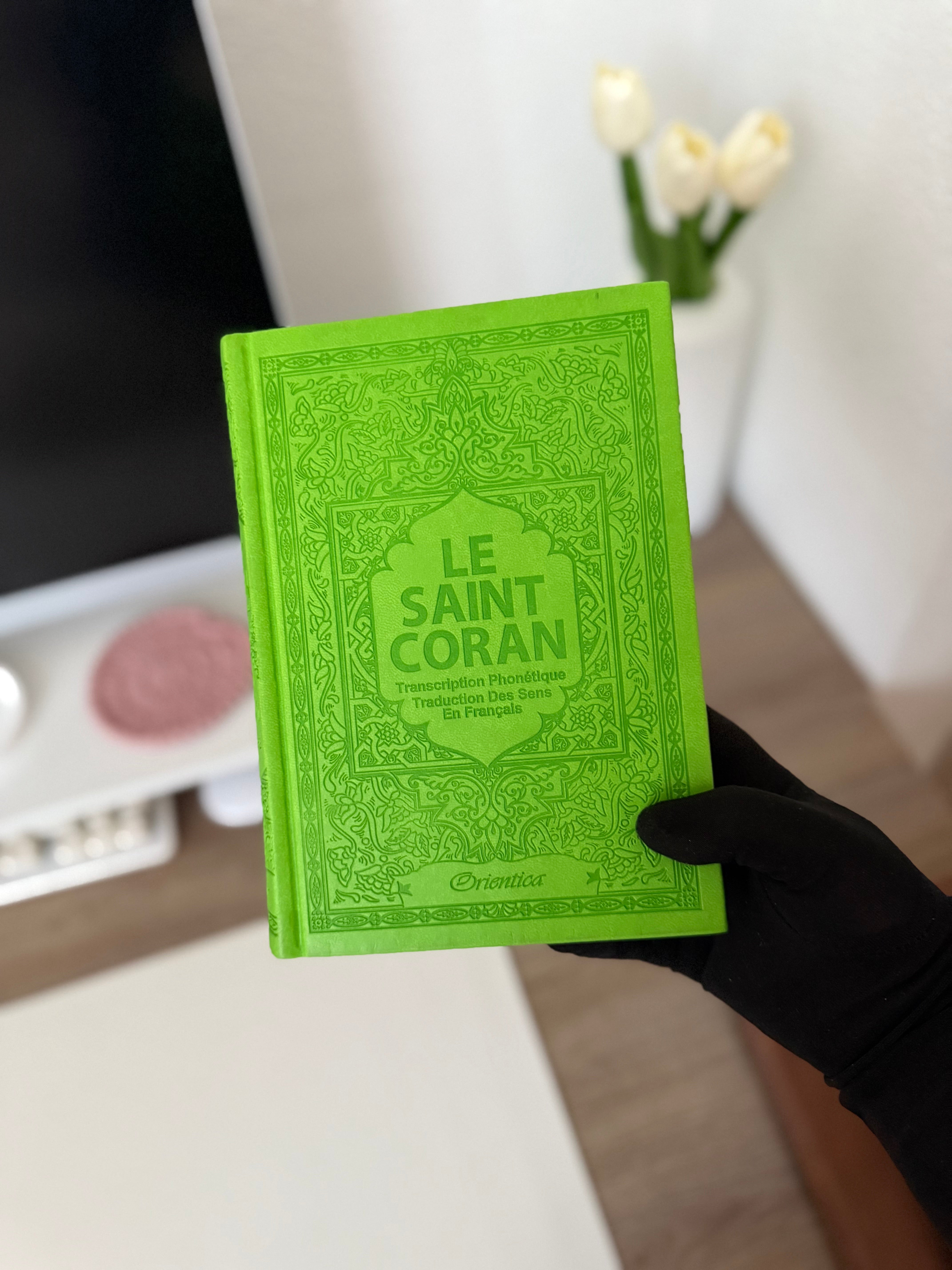 Le Saint Coran - Transcription phonétique (de l'arabe) et Traduction des sens en français - Edition de luxe (Couverture Cuir Vert clair)