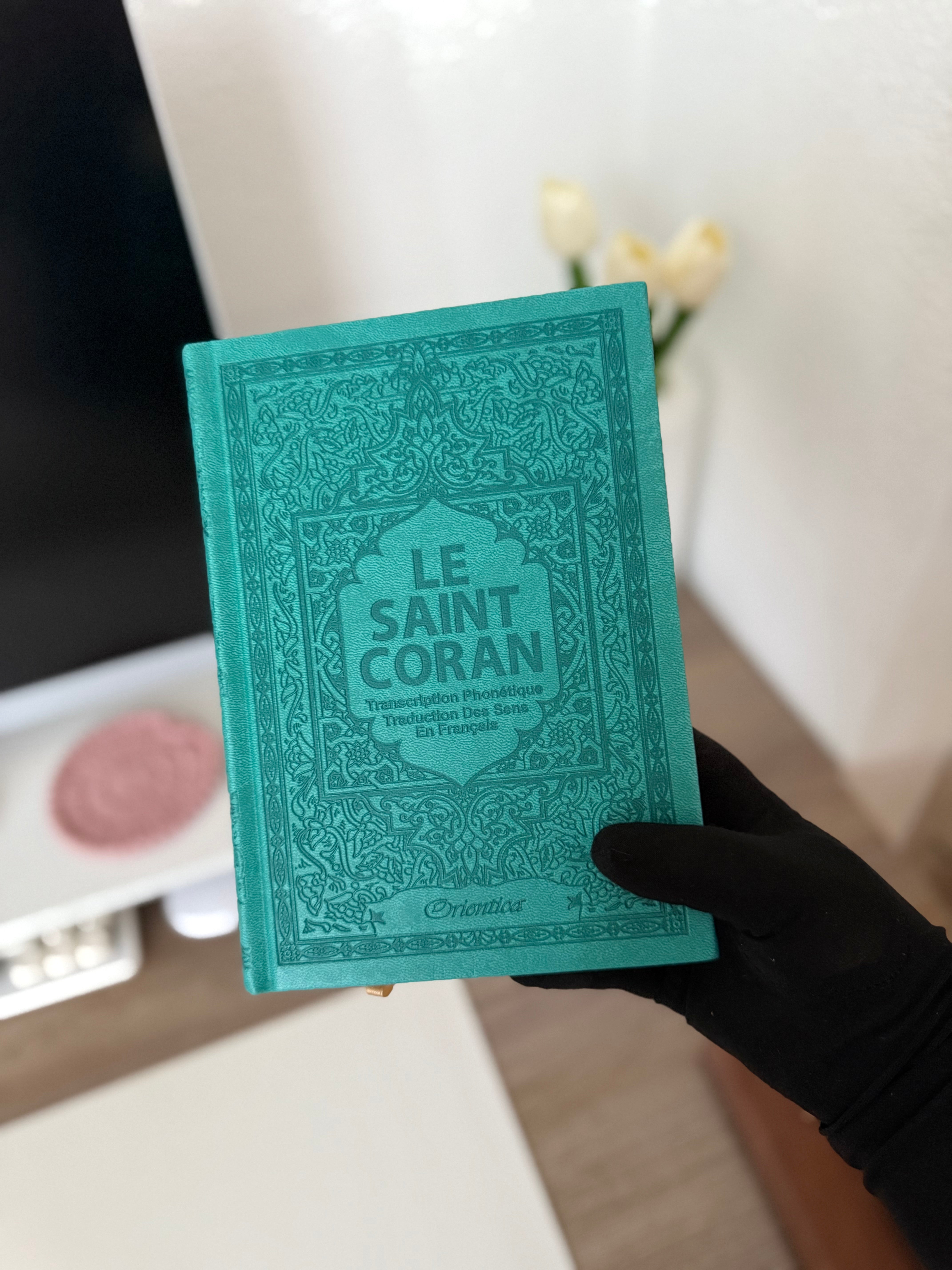 Le Saint Coran - Transcription phonétique (de l'arabe) et Traduction des sens en français - Edition de luxe - Couverture en cuir vert-bleu
