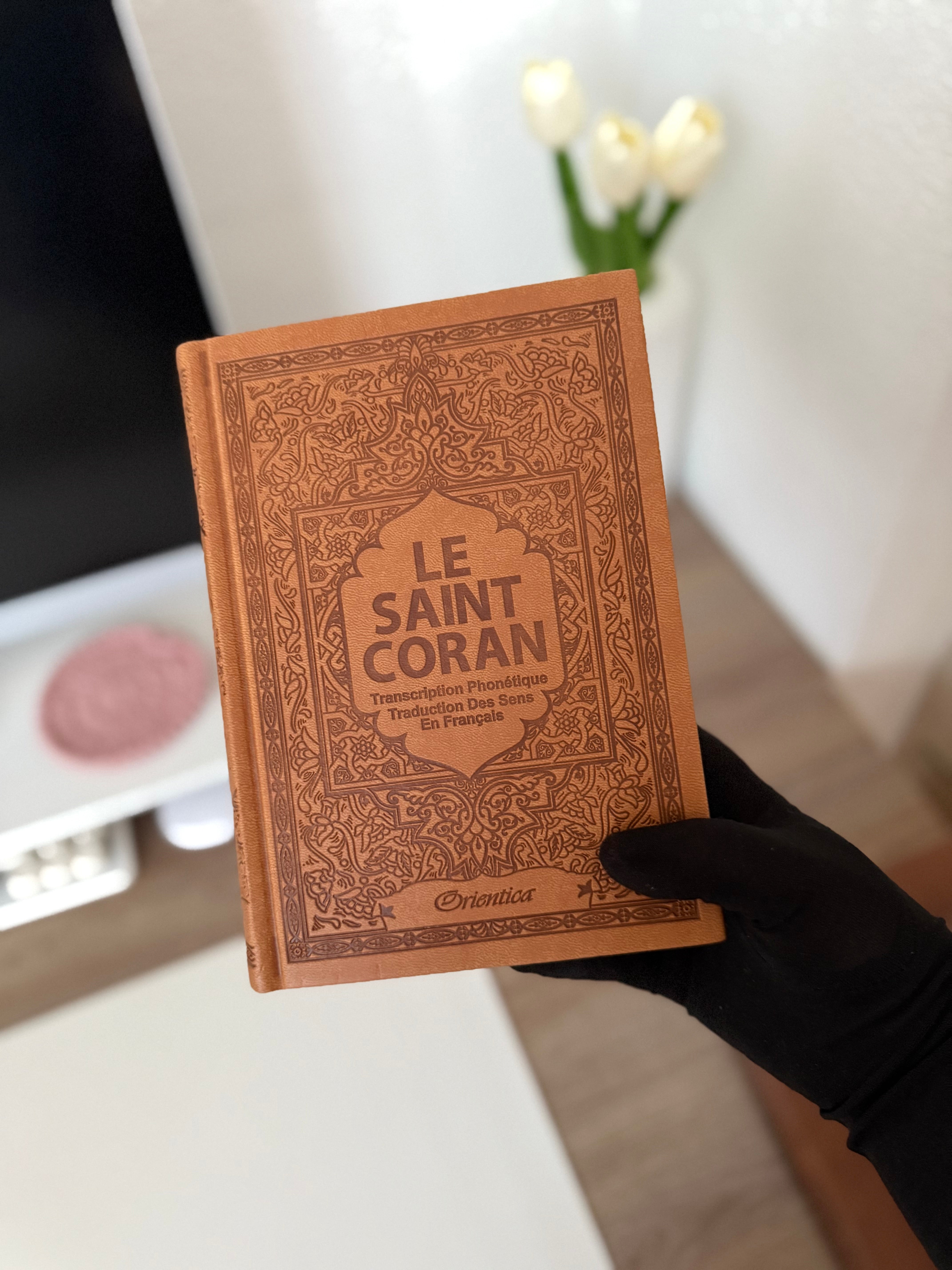 Le Saint Coran - Transcription phonétique (de l'arabe) et Traduction des sens en français et arabe - Edition de luxe (Couverture en cuir couleur Marron)