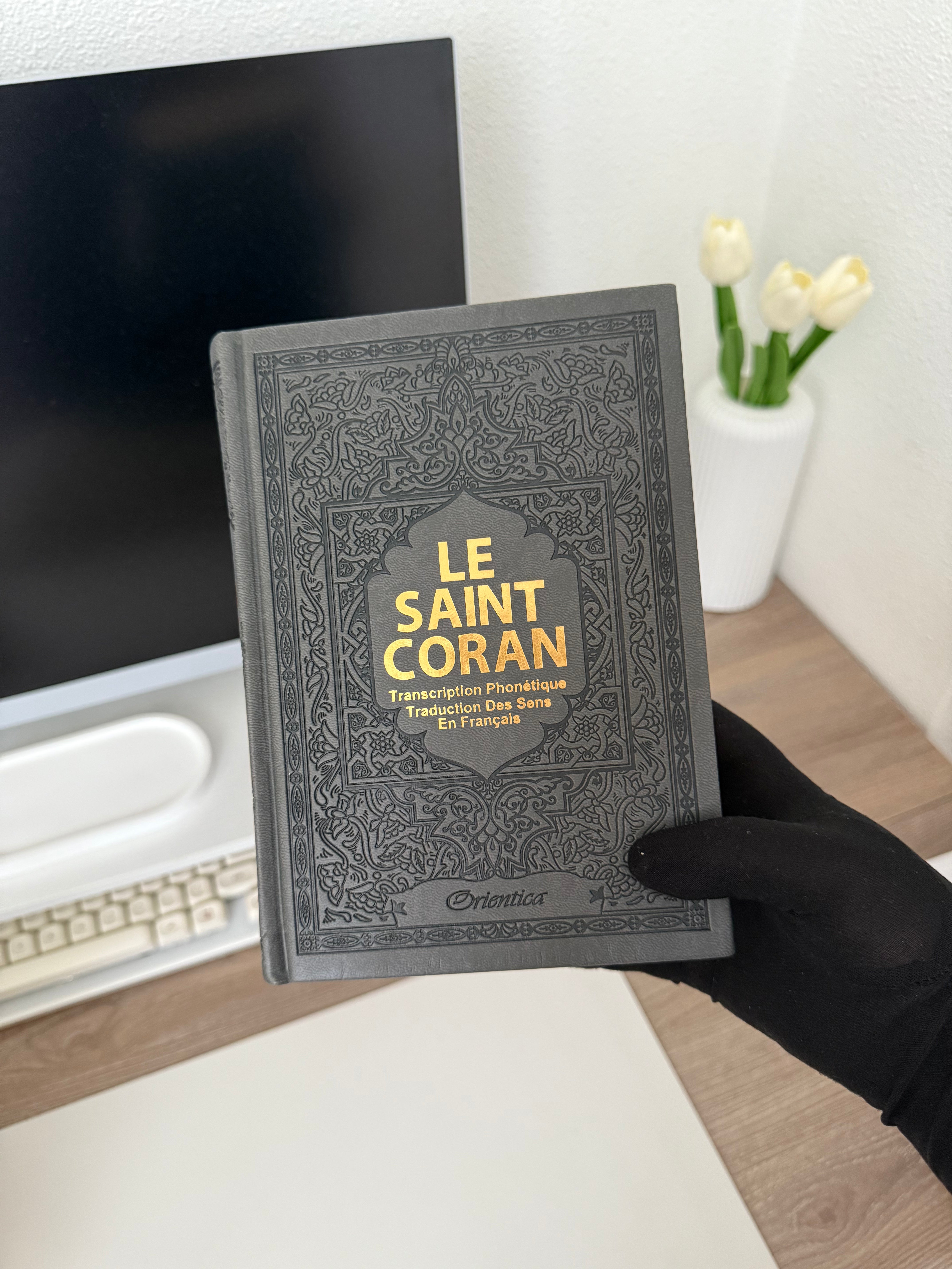 Le Saint Coran - Transcription phonétique de l'arabe et Traduction des sens en français - Edition de luxe (Couverture cuir de couleur Grise dorée)
