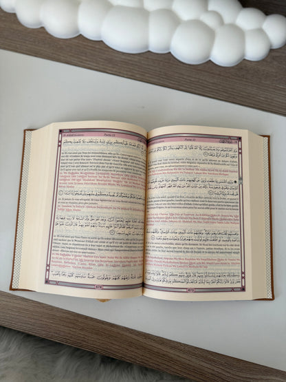 Le Saint Coran - Transcription phonétique (de l'arabe) et Traduction des sens en français et arabe - Edition de luxe (Couverture en cuir couleur Marron doré)