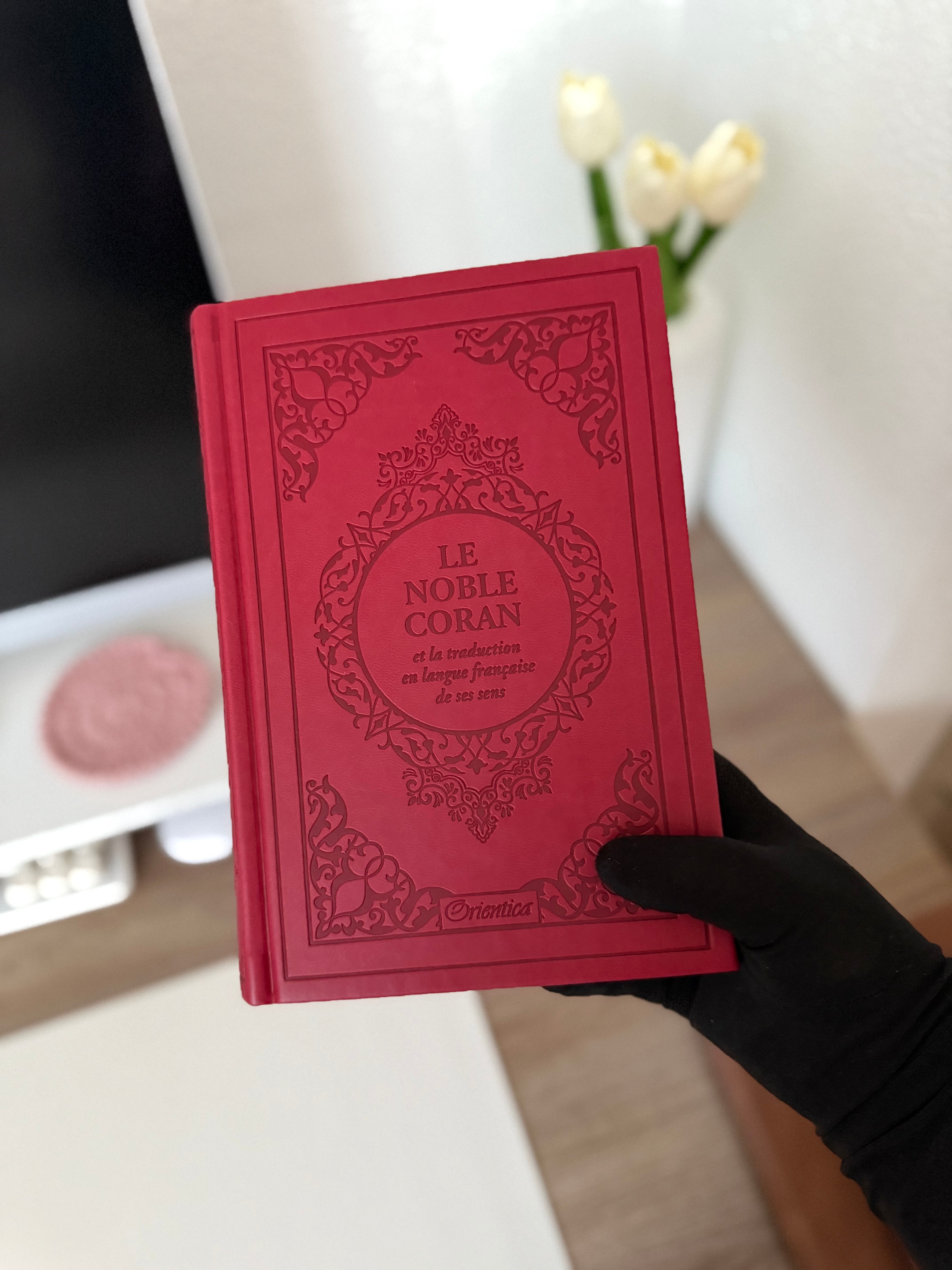Le Noble Coran et la traduction en langue française de ses sens (bilingue français/arabe) - Edition de luxe couverture cartonnée en cuir rouge bordeaux avec index