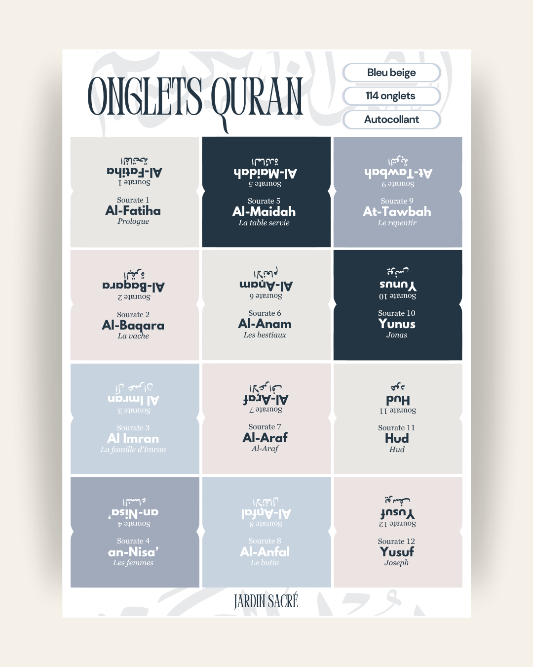 Onglets Coran bleu beige