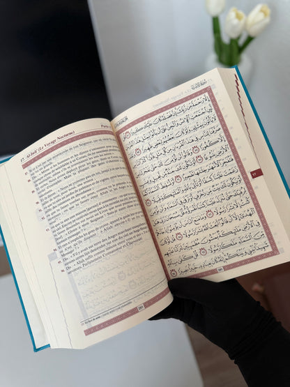 Le Noble Coran et la traduction en langue française de ses sens - bilingue français/arabe avec index - Edition de luxe couverture cartonnée en cuir Bleu-turquoise