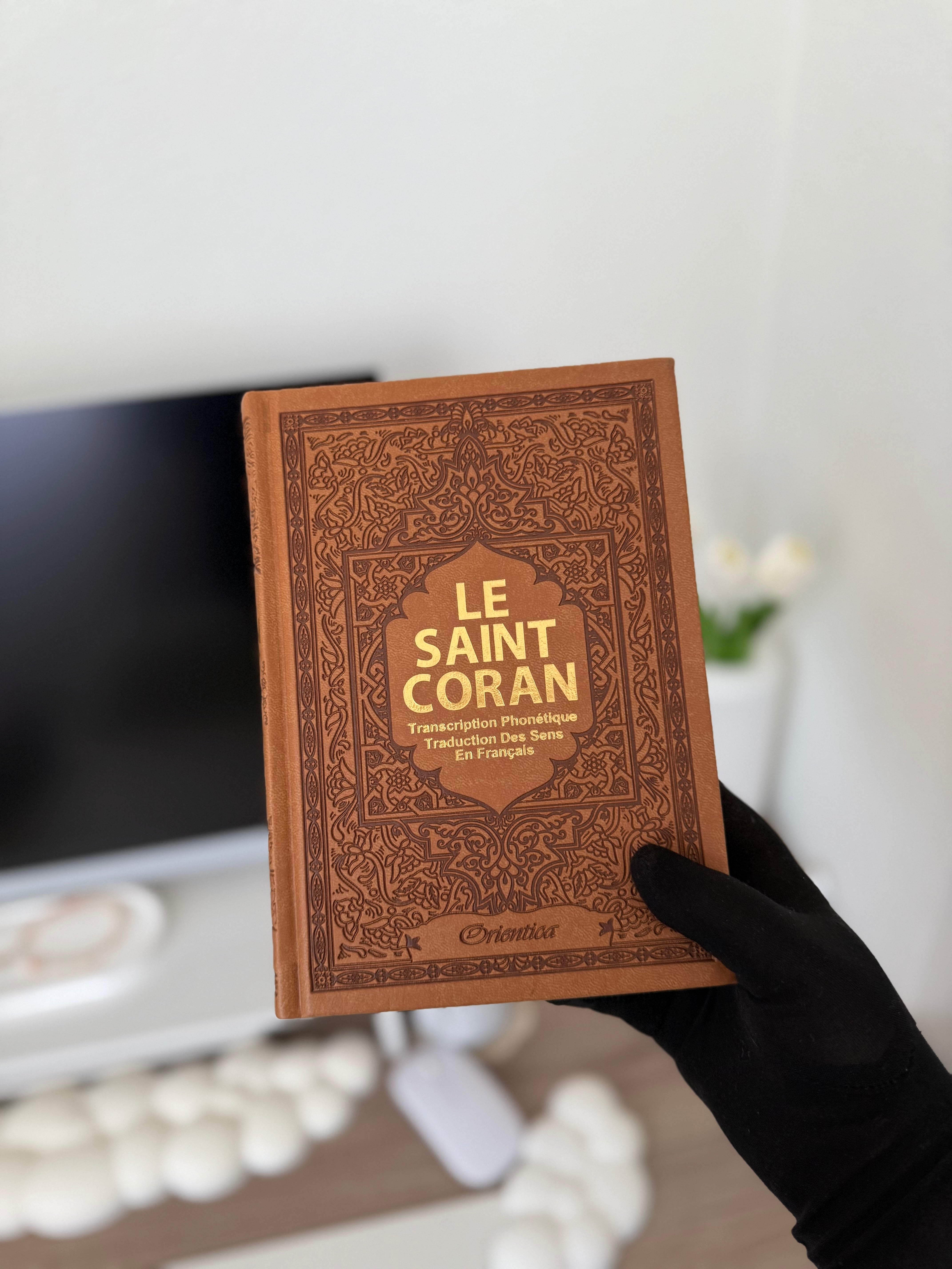 Le Saint Coran - Transcription phonétique (de l'arabe) et Traduction des sens en français et arabe - Edition de luxe (Couverture en cuir couleur Marron doré)