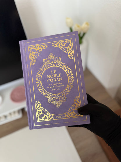 Le Noble Coran et la traduction en langue française de ses sens (Index des sourates sur le côté) - Edition de luxe couverture cartonnée en daim couleur Mauve dorée