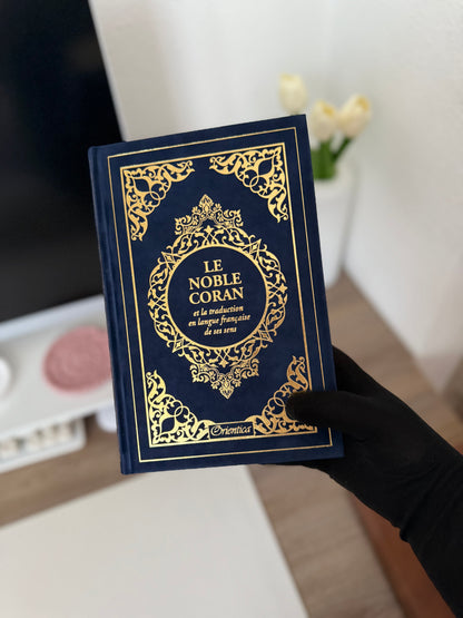 Le Noble Coran et la traduction en langue française de ses sens (bilingue français/arabe & index) - Edition de luxe couverture cartonnée en daim couleur Bleu foncé Doré