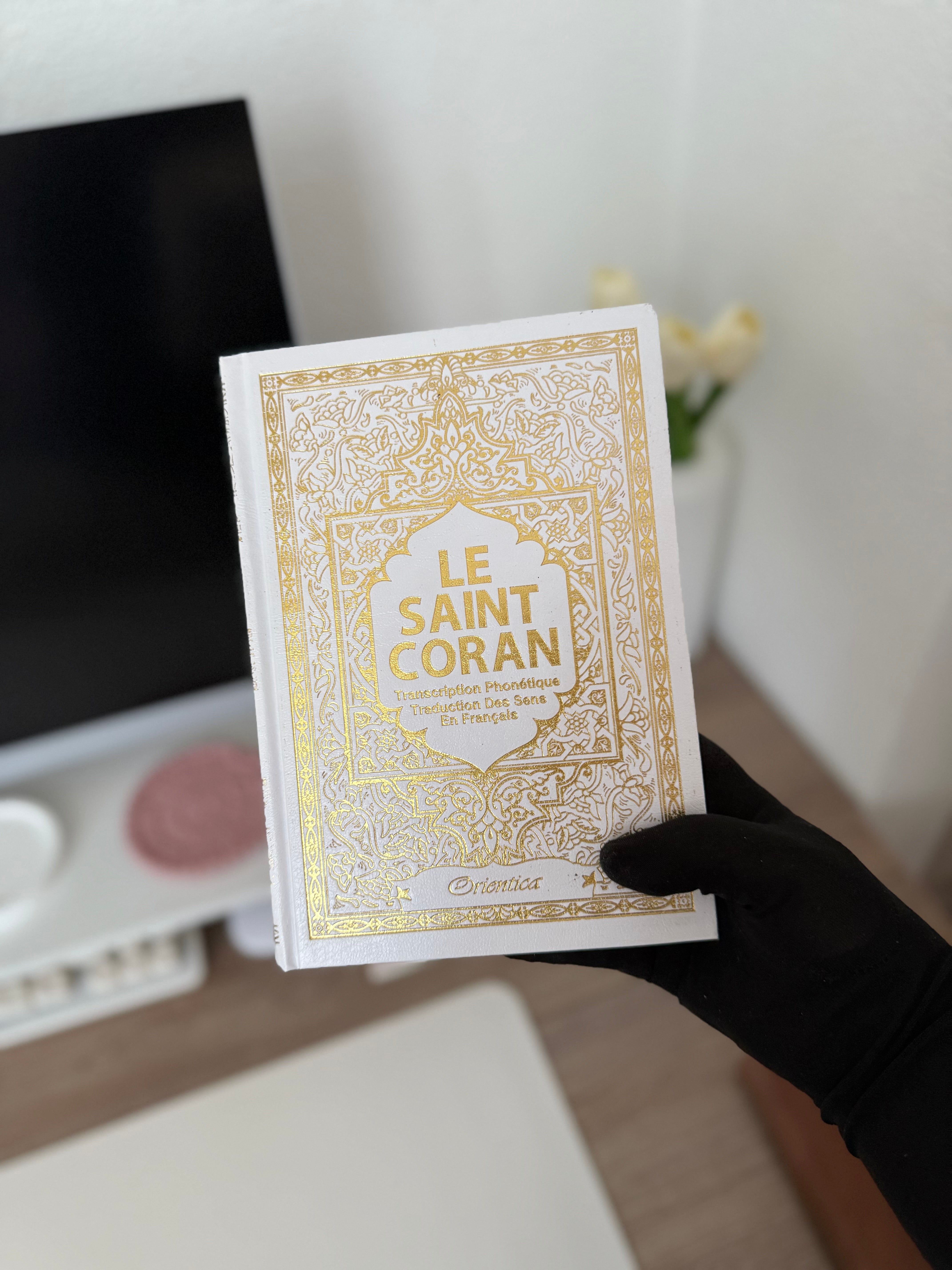 Le Saint Coran - Transcription phonétique et Traduction des sens en français - Blanc - Edition de luxe (Couverture cuir de couleur blanche dorée)