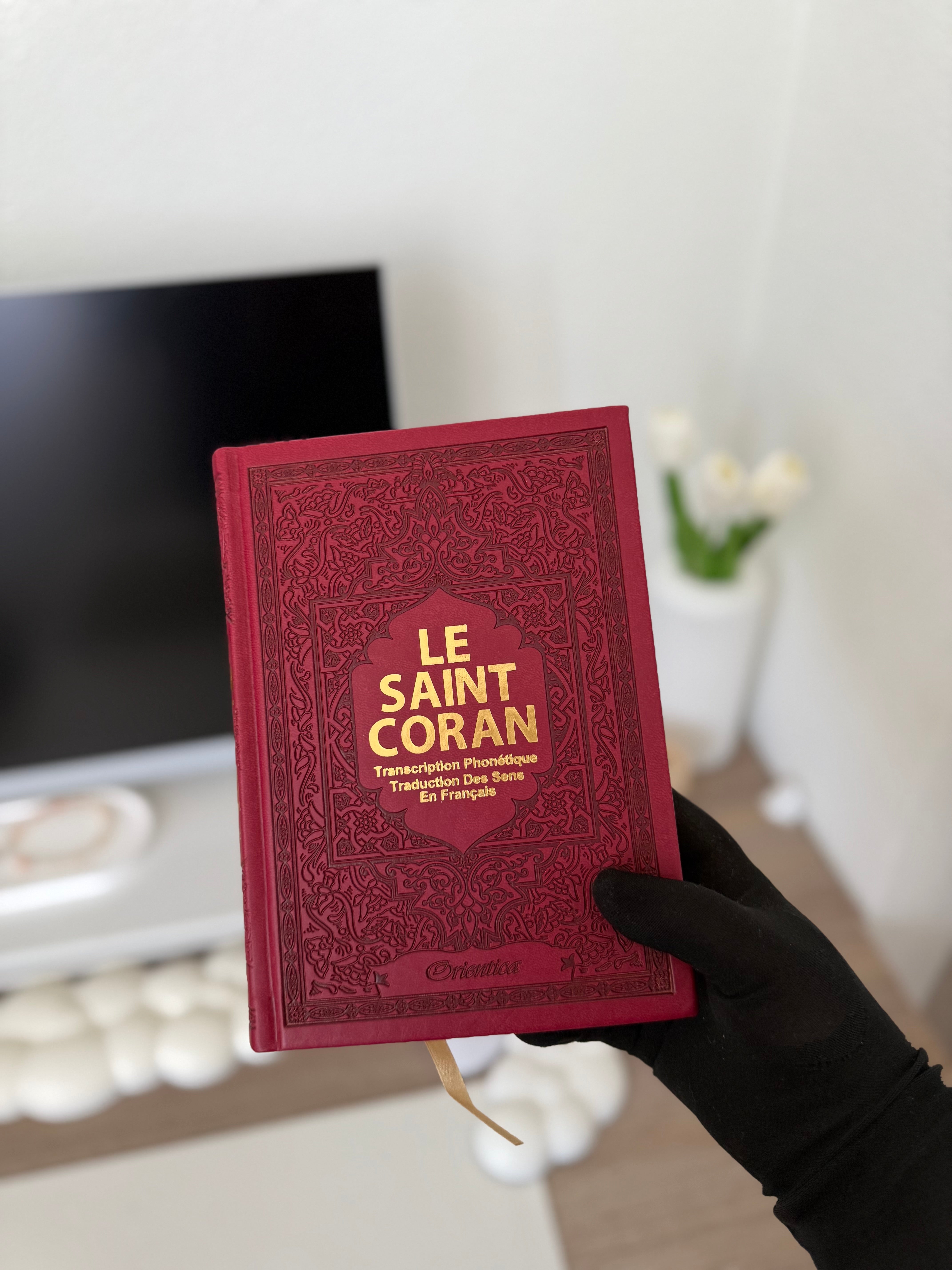 Le Saint Coran - Transcription phonétique et Traduction des sens en français - Edition de luxe (Couverture cuir de couleur Bordeaux doré)