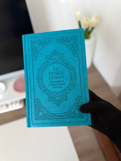 Le Noble Coran et la traduction en langue française de ses sens - bilingue français/arabe avec index - Edition de luxe couverture cartonnée en cuir Bleu-turquoise