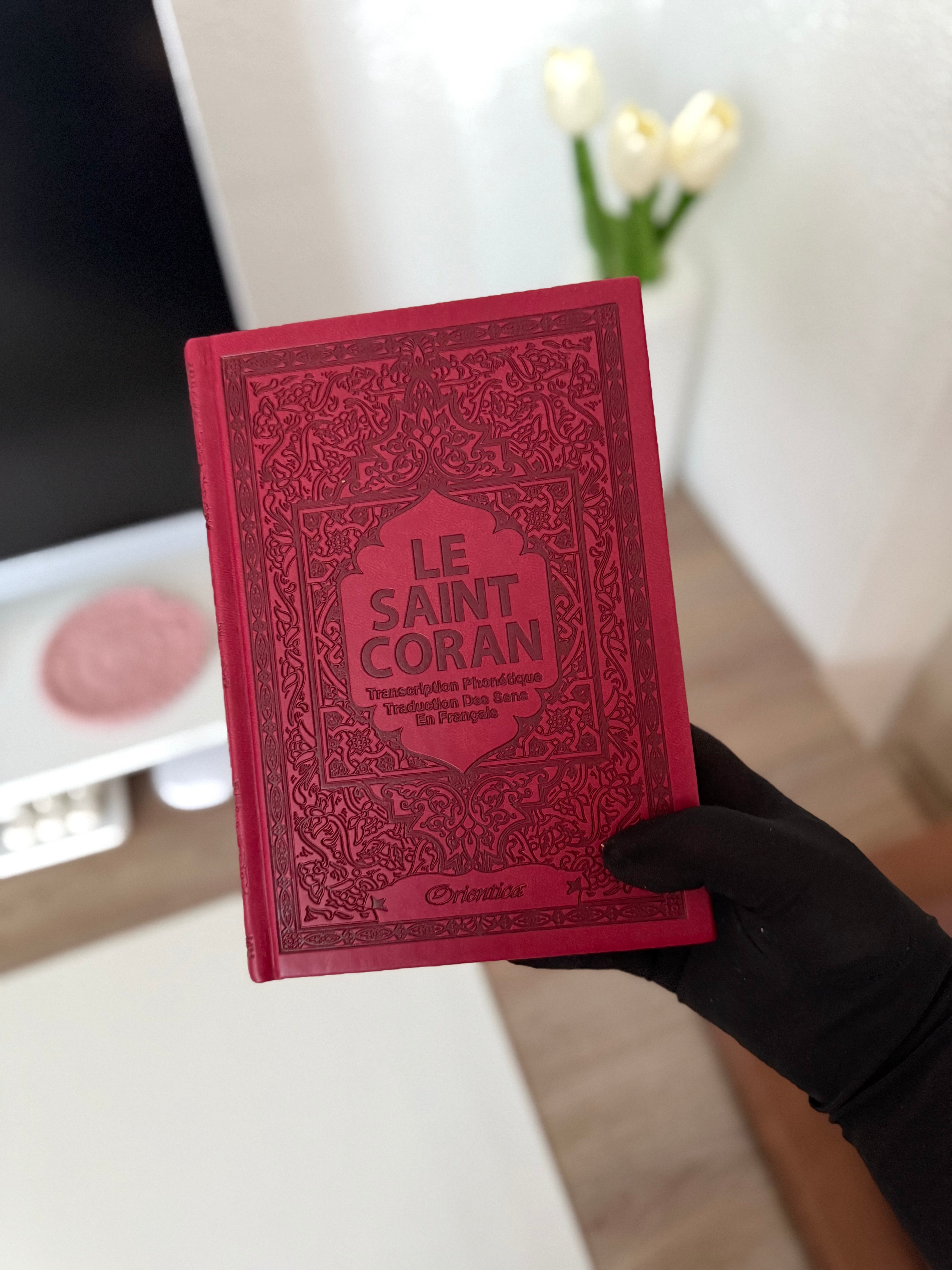 Le Saint Coran - Transcription phonétique et Traduction des sens en français - Edition de luxe (Couverture cuir de couleur Bordeaux)