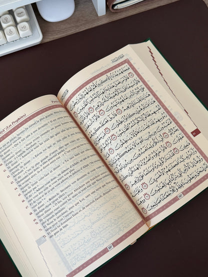 Le Noble Coran et la traduction en langue française de ses sens (bilingue français/arabe) - Edition de luxe couverture cartonnée en daim couleur Vert dorée