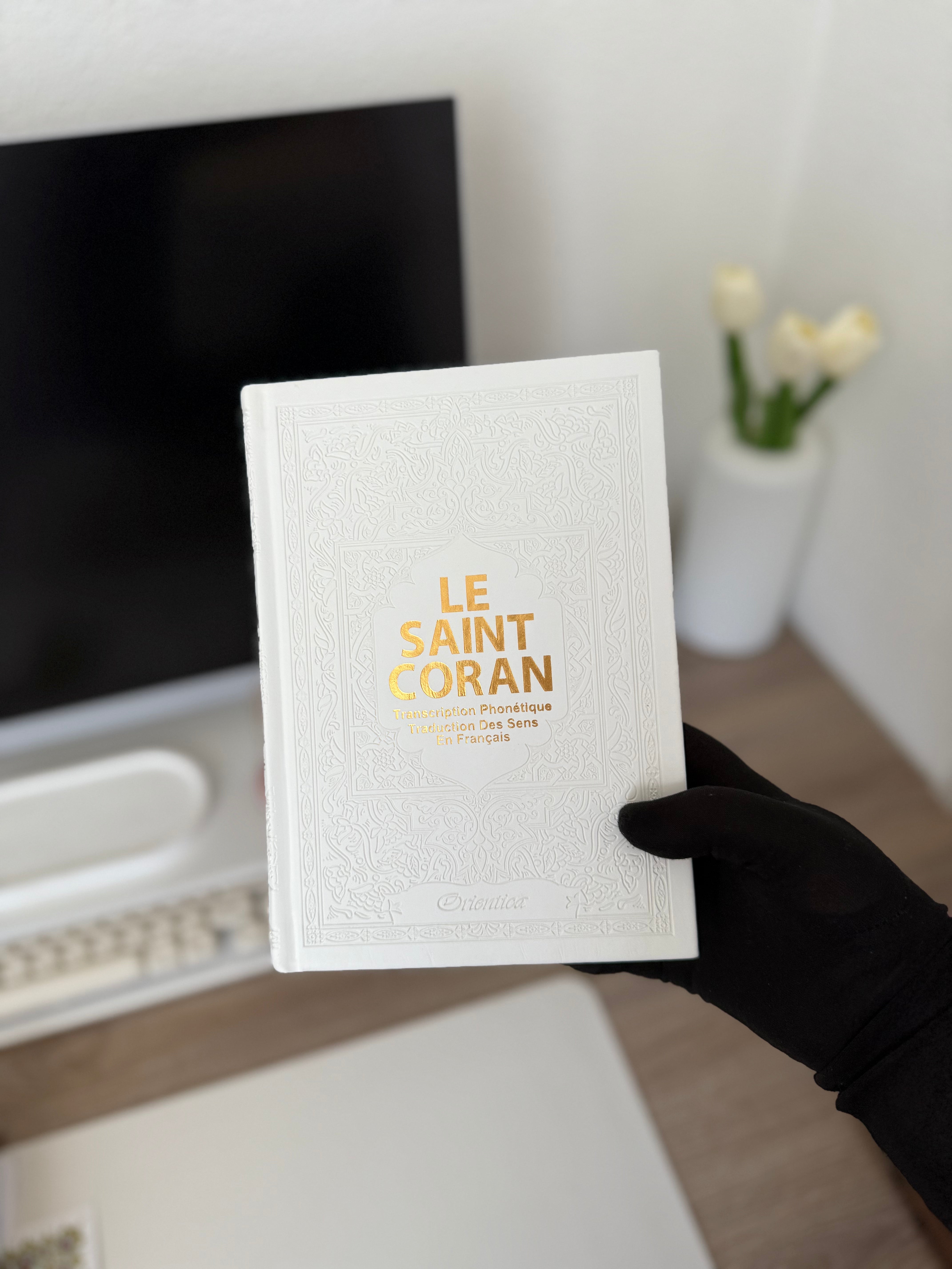 Le Saint Coran - Transcription phonétique et Traduction des sens en français - Blanc - Edition de luxe (Couverture cuir de couleur blanche dorée)