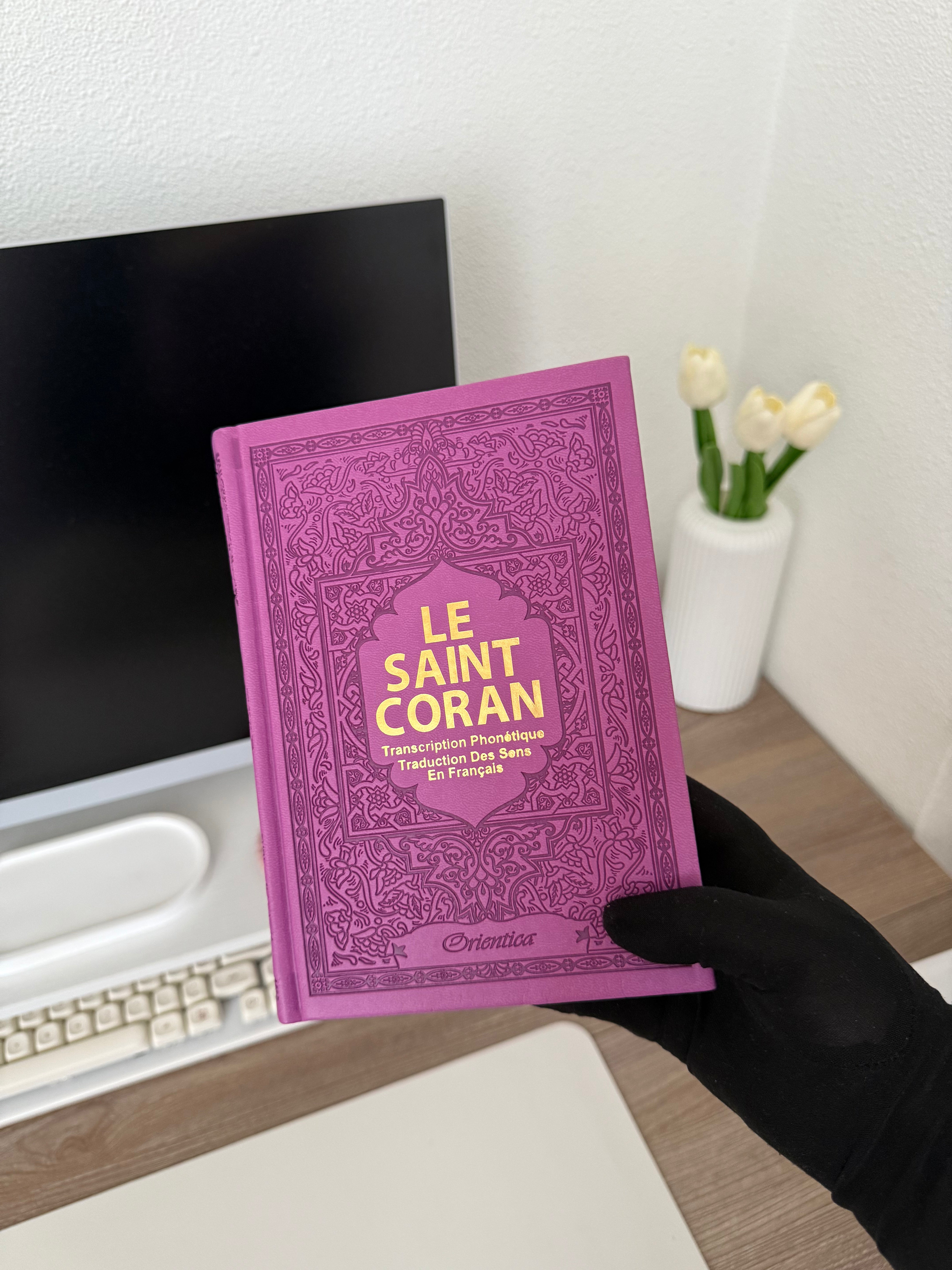 The Holy Quran - Phonetic Transcription (from Arabic) and Translation of the Meanings into French - Deluxe Edition - Rose Gold Leather Cover