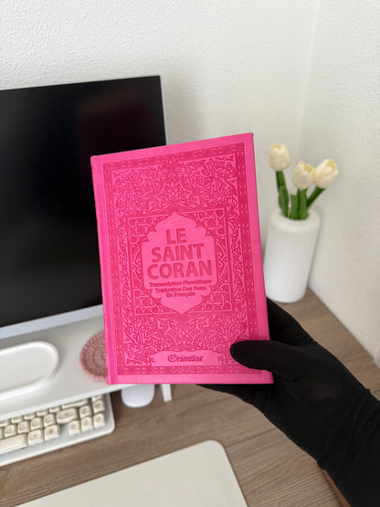 The Holy Quran in Arabic + Phonetic Transcription and Translation of the Meanings into French - Deluxe Edition (Light Pink Leather Cover)